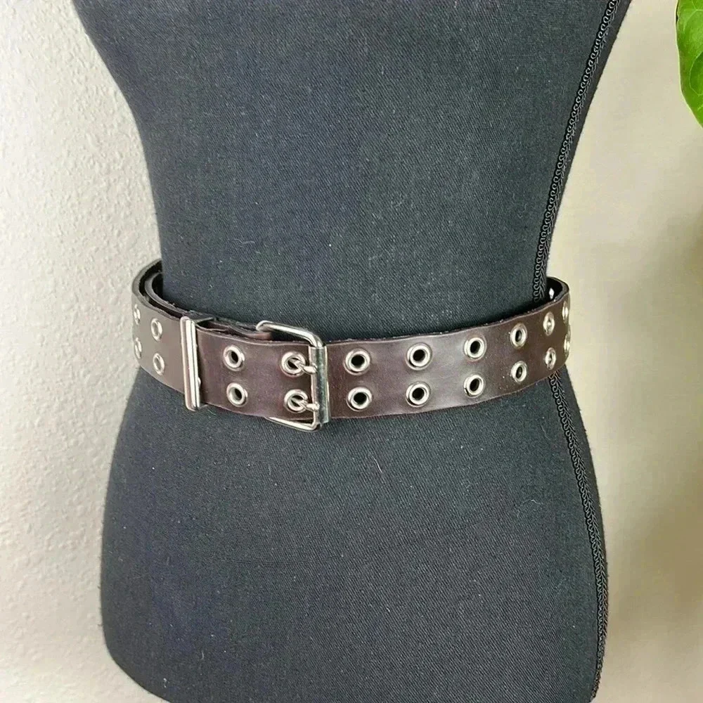 Brown Vegan Leather Double Silver Tone Grommet and Buckle Belt Large